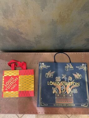 Rare Louis Vuitton Navy Floral Trunk Tote and Red/Yellow Checker Gift Bag